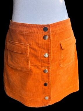 LOFT Orange Corduroy Mini Skirt | Button Front | Pockets | Size 14